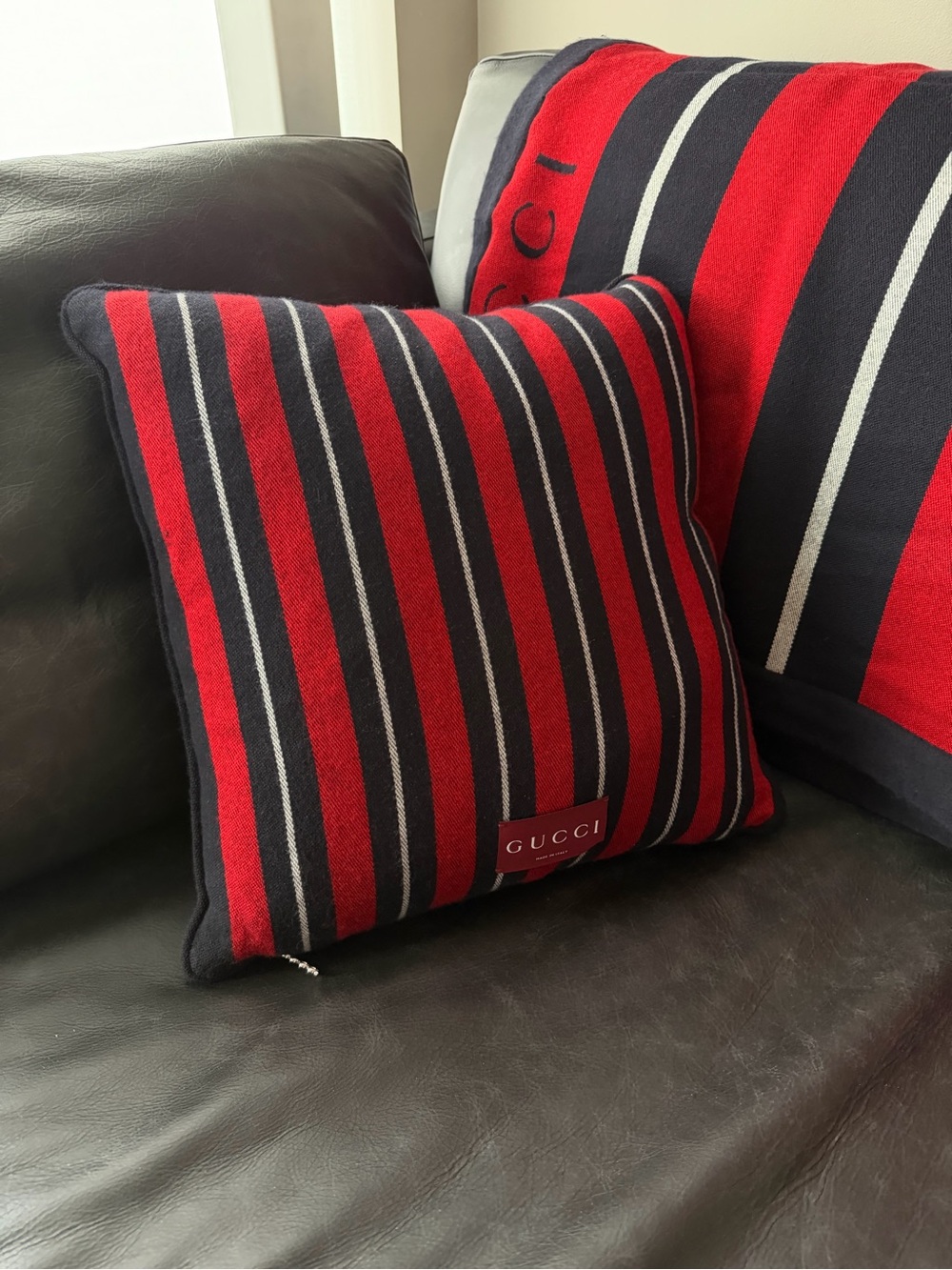Gucci Red, Navy & White Striped Designer Accent Pillow 100% wool